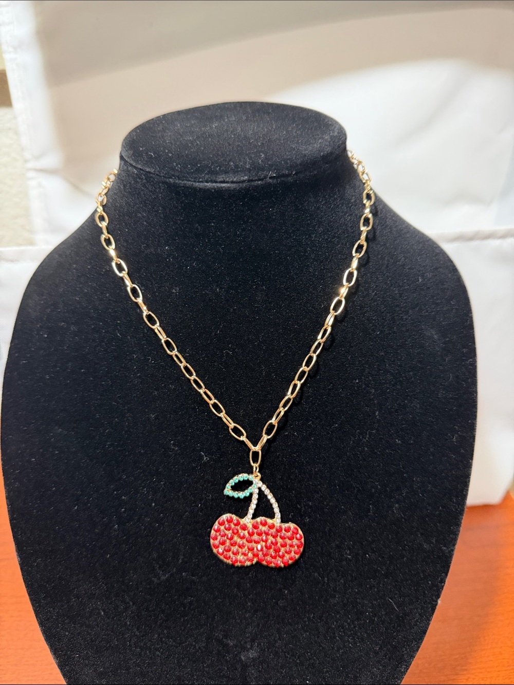 Gold Chain Cherry Pendant Necklace with Red Crystal Cherry